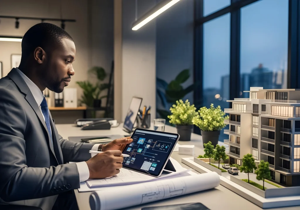 Smart Tech Solutions Powering Ghana's Digital Future Ghanaian Property Developer Reviewing Smart Home Plans