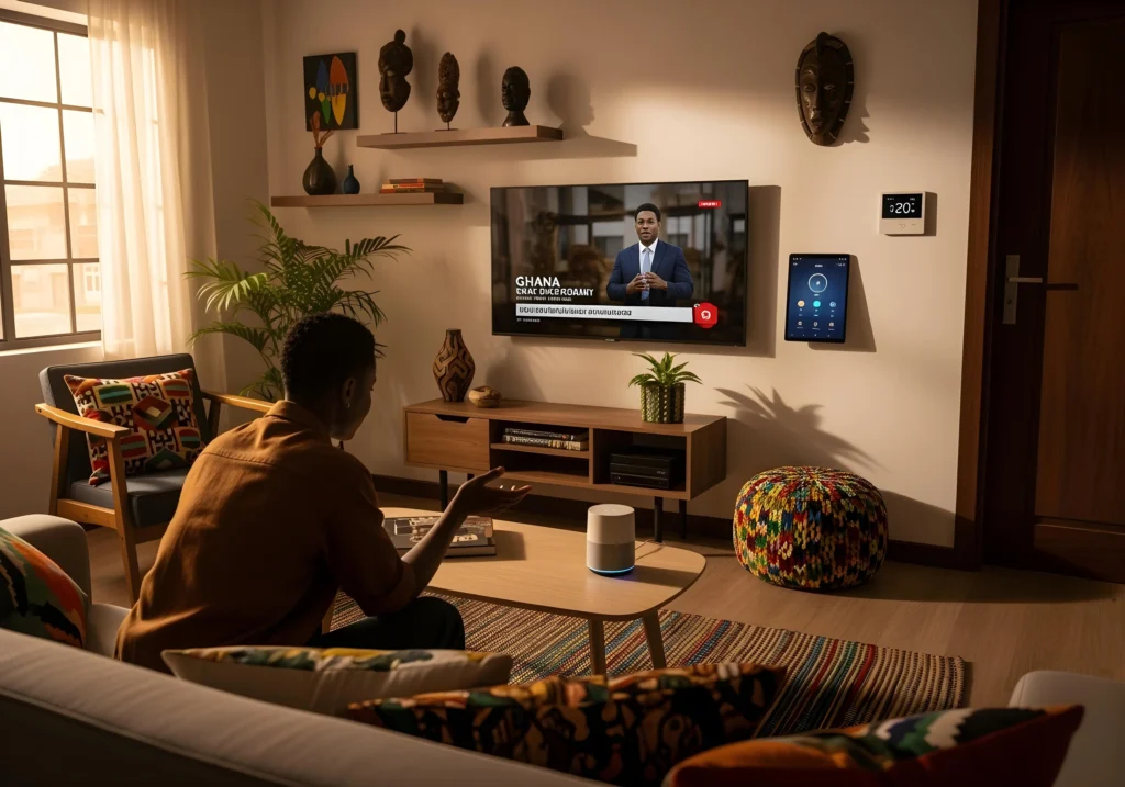 Smart Tech Solutions Powering Ghana's Digital Future Smart Home Interior with Voice Controlled Devices scaled